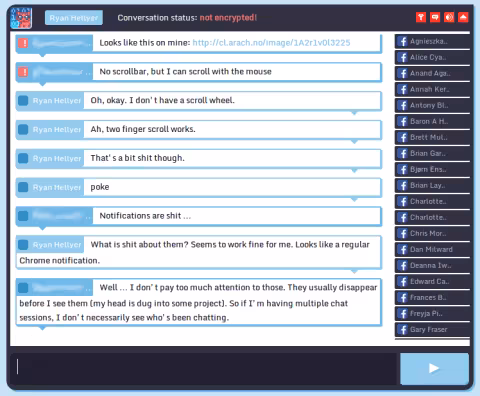 Demonstration of the Cryptocat Facebook integration. Unencrypted messages show up in red and encrypted ones in blue. If the user logs off of Cryptocat, a warning message is left at the top of the screen, but you can still keep messaging them without encryption.