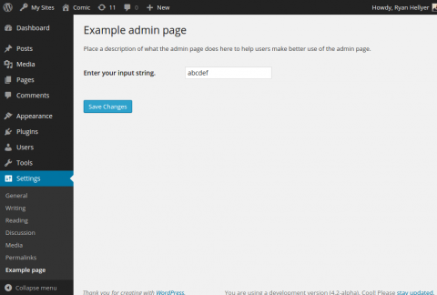 The view of the live example WordPress admin page.